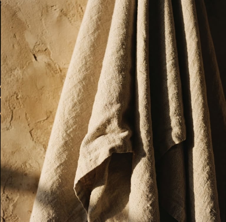 Close-up of structured heavy organic cotton fabric drape, warm afternoon sunlight casting deep shadows on a raw plaster wall, muted earth tones, 35mm photography