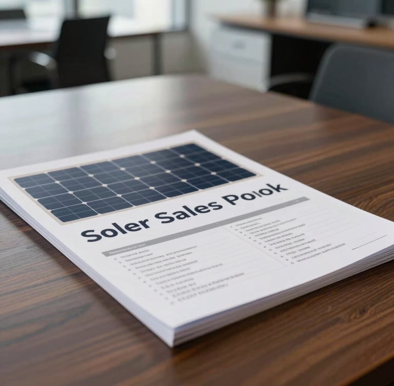 Close-up of a printed solar sales playbook on a dark wooden corporate table, modern office background, natural daylight, professional editorial style