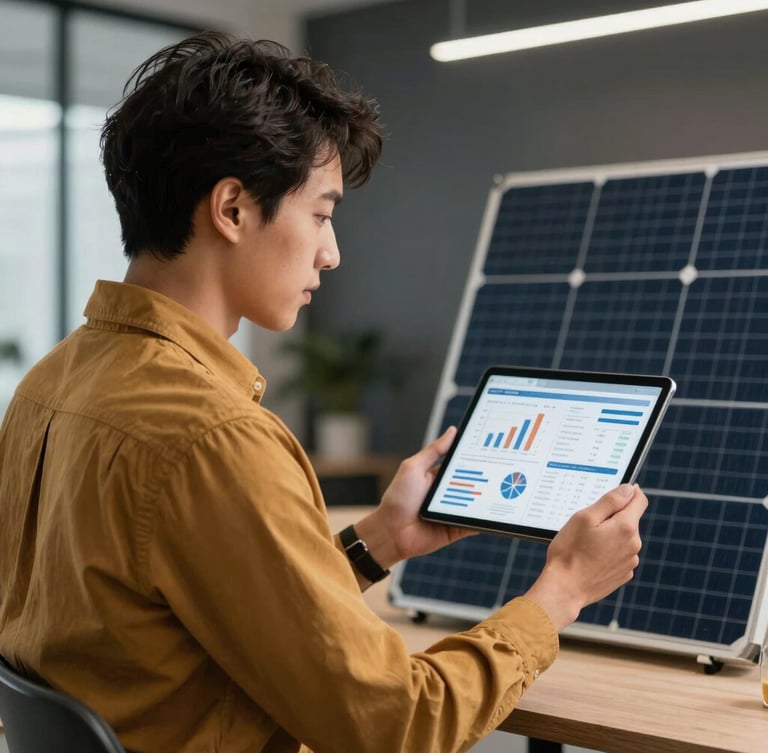 A professional solar business executive looking at a tablet with data charts, warm task lighting, dark background, corporate office, 35mm lens