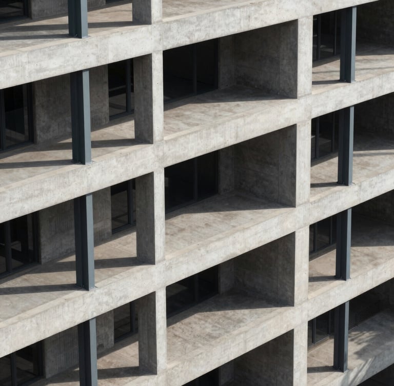 High-angle architectural elevation of a modern mixed-use concrete and steel building structure, crisp midday sun casting sharp geometric shadows, clean technical aesthetic.