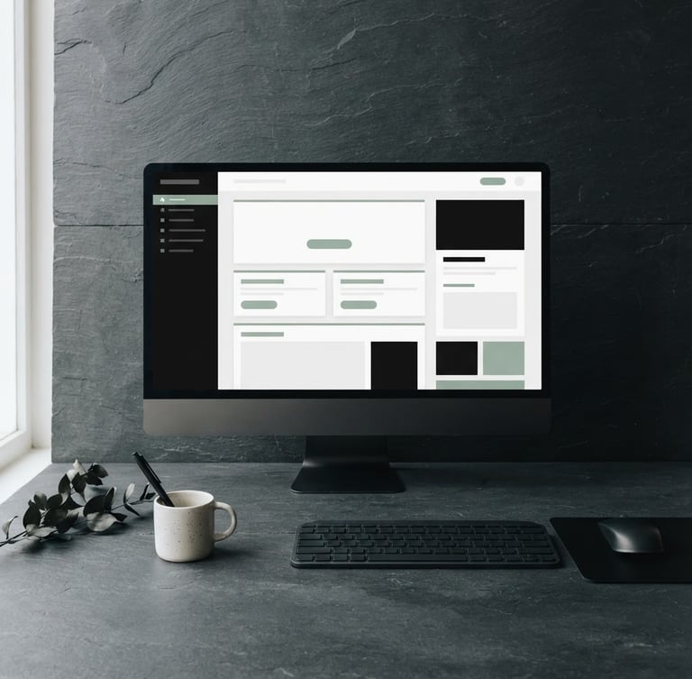 Straight-on flat lay of a minimalist workspace with a slate desk, a high-contrast web layout displayed on a clean monitor, soft natural side-light, muted sage accent on screen