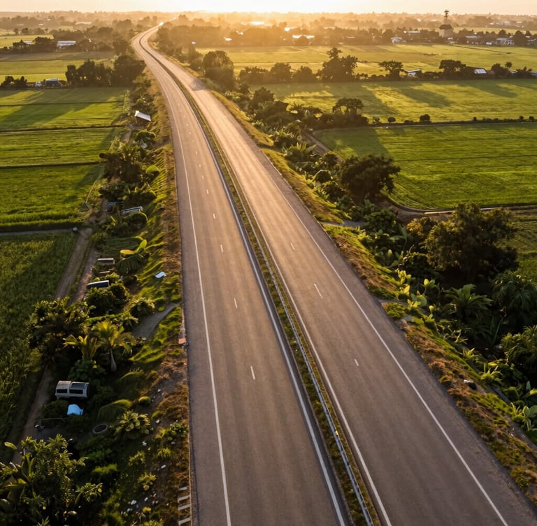 Wide-angle aerial drone photography of a newly paved multi-lane highway cutting through lush green Uttar Pradesh fields at golden hour, warm sunlight framing clean asphalt boundaries, high-contrast shadows