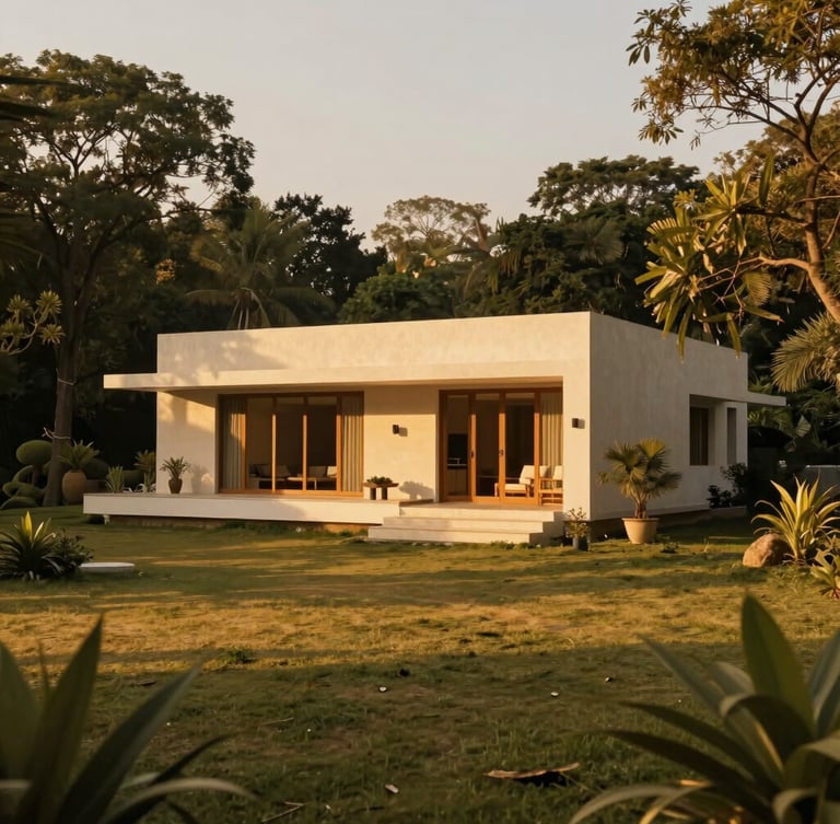 Serene environmental landscape of Goverdhan, a premium villa mockup nestled in lush greenery, warm golden-hour lighting, deep rich shadows, 35mm