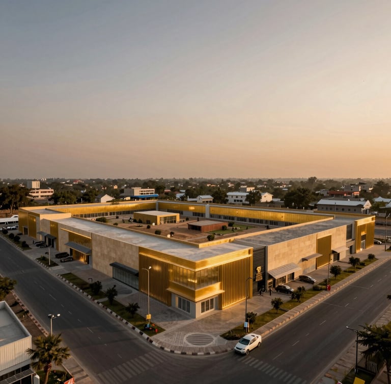 Wide-angle architectural shot of a planned commercial plot near Mathura highway, warm twilight sky, sharp gold accents, premium clean development, 35mm