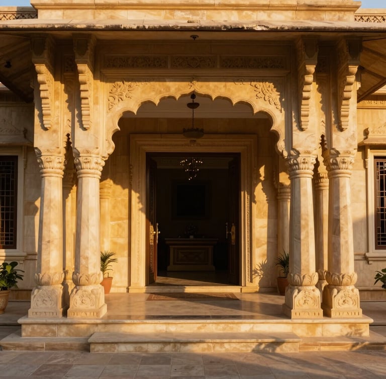 Warm editorial architectural close-up of a premium villa entrance in Vrindavan, carved beige stone pillars, golden-hour sunlight casting long dramatic shadows, 35mm lens