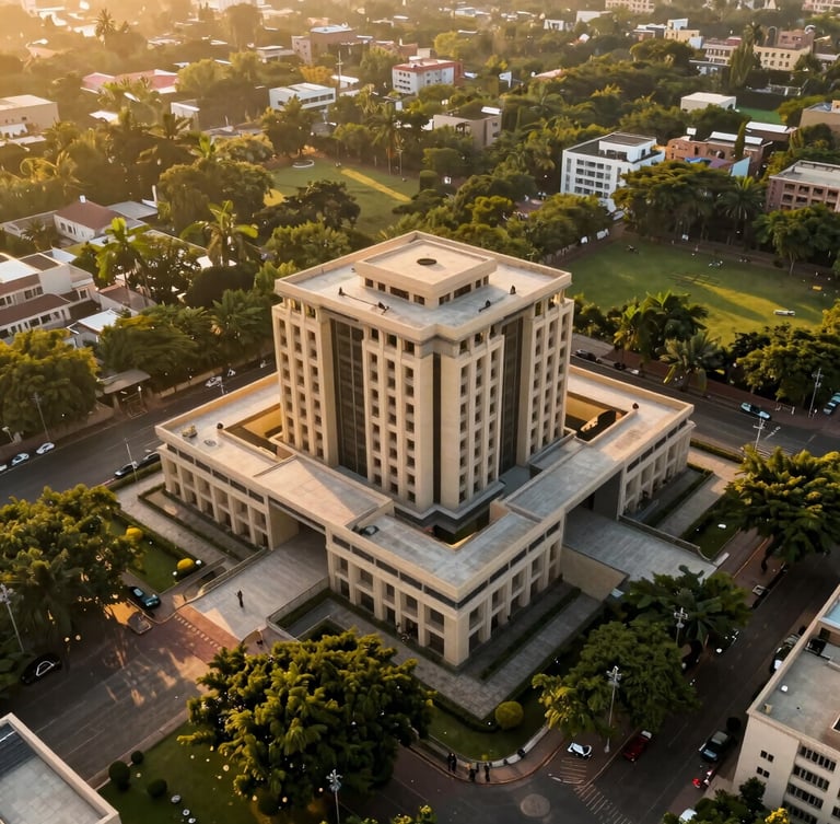 Cinematic drone view of a premium plotted development in Vrindavan, golden hour sunlight casting long shadows over lush green boundaries, architectural elegance, 35mm