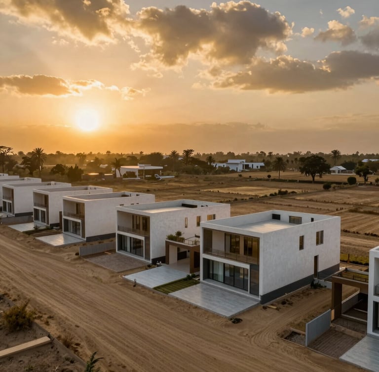 Breathtaking wide-angle drone shot of planned luxury farmhouses in Barsana, dramatic sunset sky casting rich gold and sand tones, 35mm