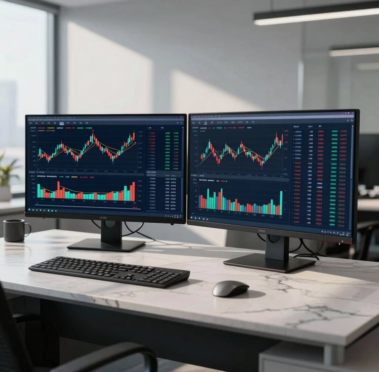 Wide angle shot of a modern financial dashboard on dual screens in a corporate office, cool daylight casting sharp shadows on a marble desk, clean and precise aesthetic.