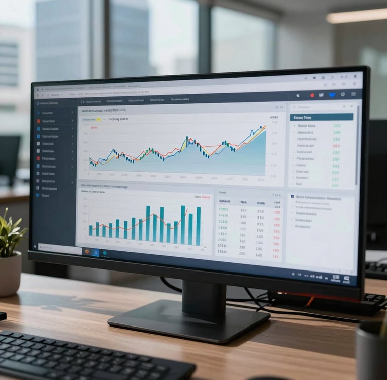 A close-up of a high-end financial dashboard on a dual-screen setup in a modern São Paulo office, cool morning daylight, sharp shadows, displaying clean cash flow graphs and metric tables.