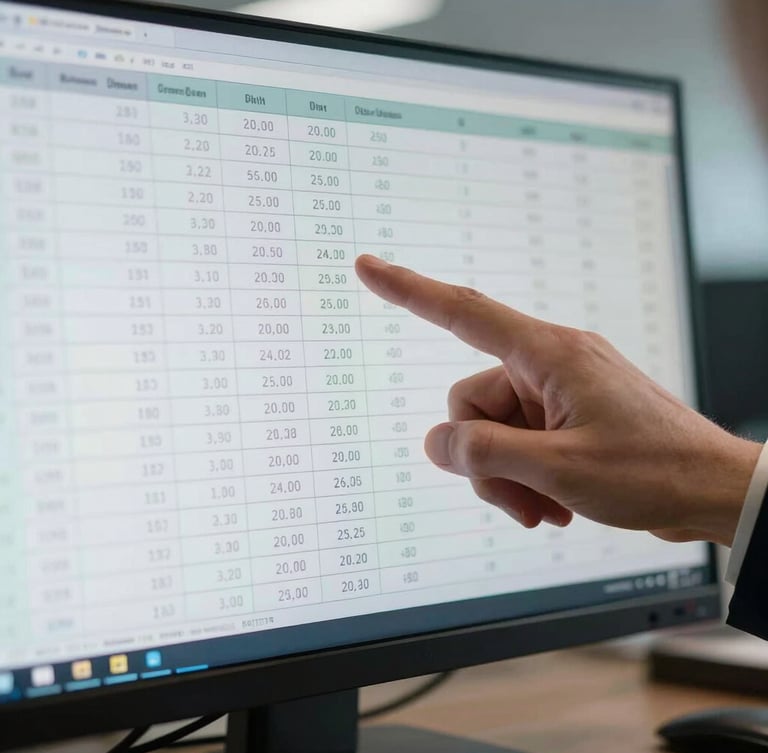Macro detail of a financial analyst pointing at a clean spreadsheet on a monitor screen, cool bright daylight, sharp focus on data columns.