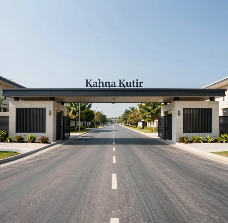 Wide-angle straight-on architectural elevation of a modern gated community entrance gate with a clear sign reading Kahna Kutir, bright midday sun, paved wide asphalt road leading inside, no people, high-trust civic feel.