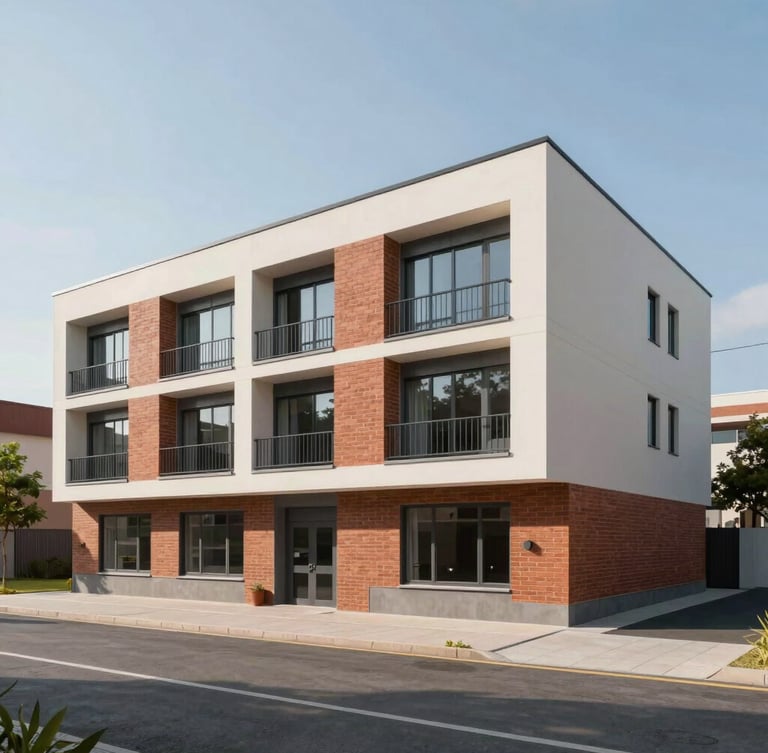 Straight-on architectural rendering of a modern three-story student hostel building with clean lines, terracotta brick highlights, large windows, situated on a wide paved street.