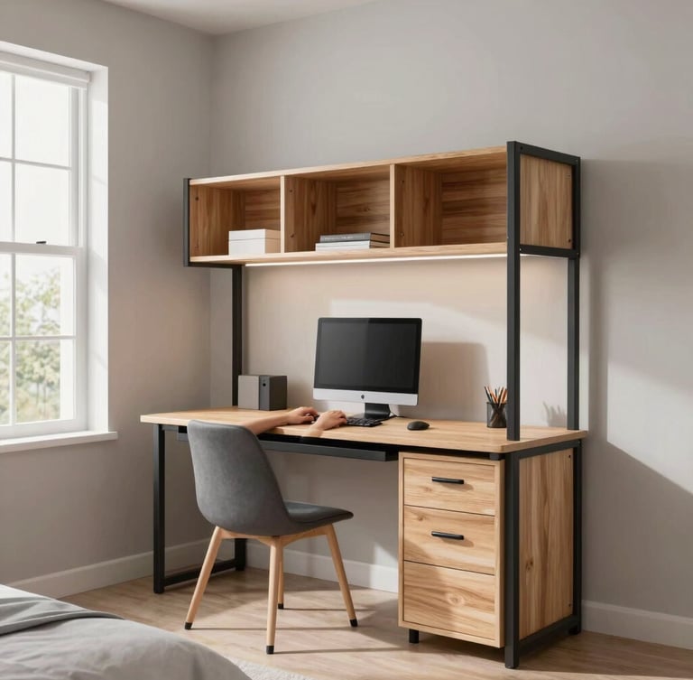 Architectural shot of a clean, organized teen bedroom with a modular desk system, integrated storage, and subtle LED lighting. Natural daylight streams through a window, highlighting the matte black steel and warm birch accents. A teen's hands are visible on a keyboard, focused on the screen, but the room itself is the subject.
