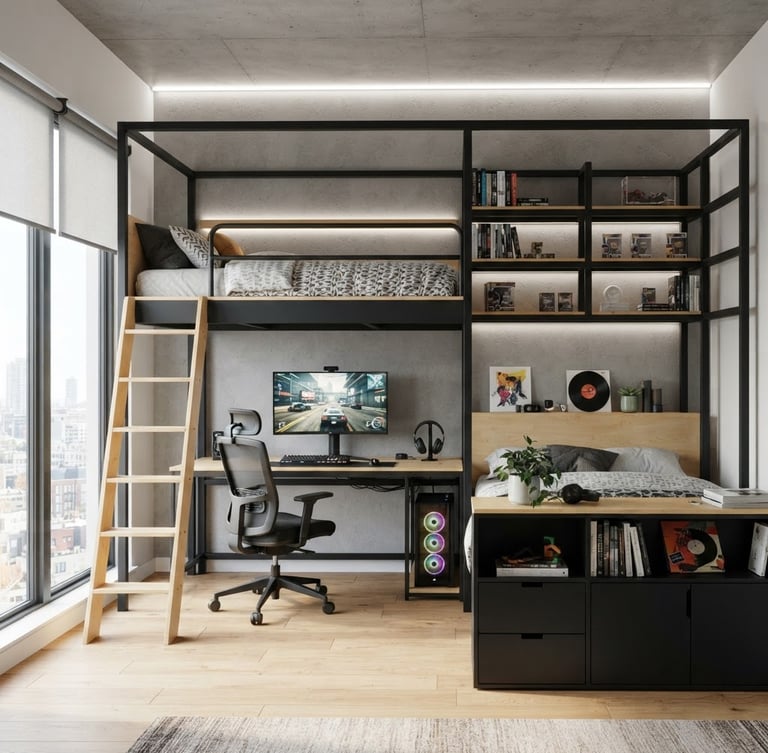 High-contrast architectural shot of a modular teen bedroom setup, matte black powder-coated steel frame, warm birch accents, integrated gaming desk with cable routing, storage bed, and wall shelves, natural daylight with subtle LED backlighting, sharp focus.