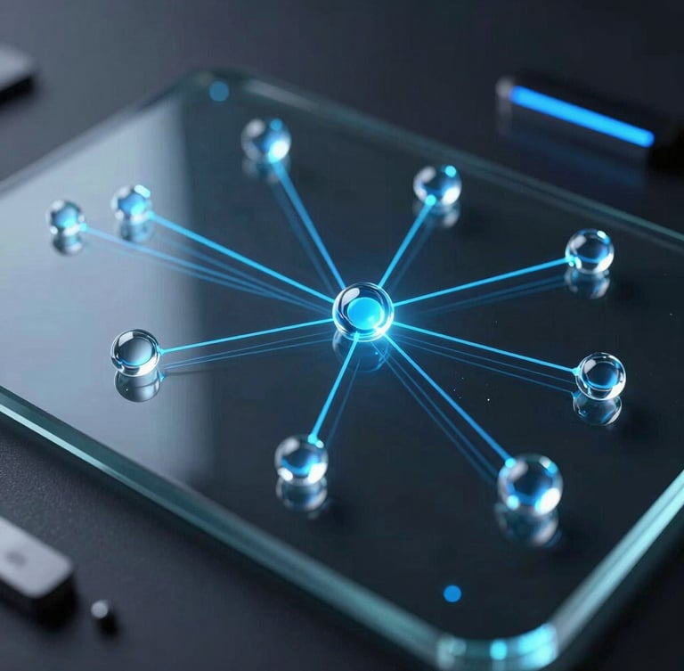 Sleek 3D digital nodes and glowing blue light paths running across a dark glass surface, high-end technical visualization, 35mm