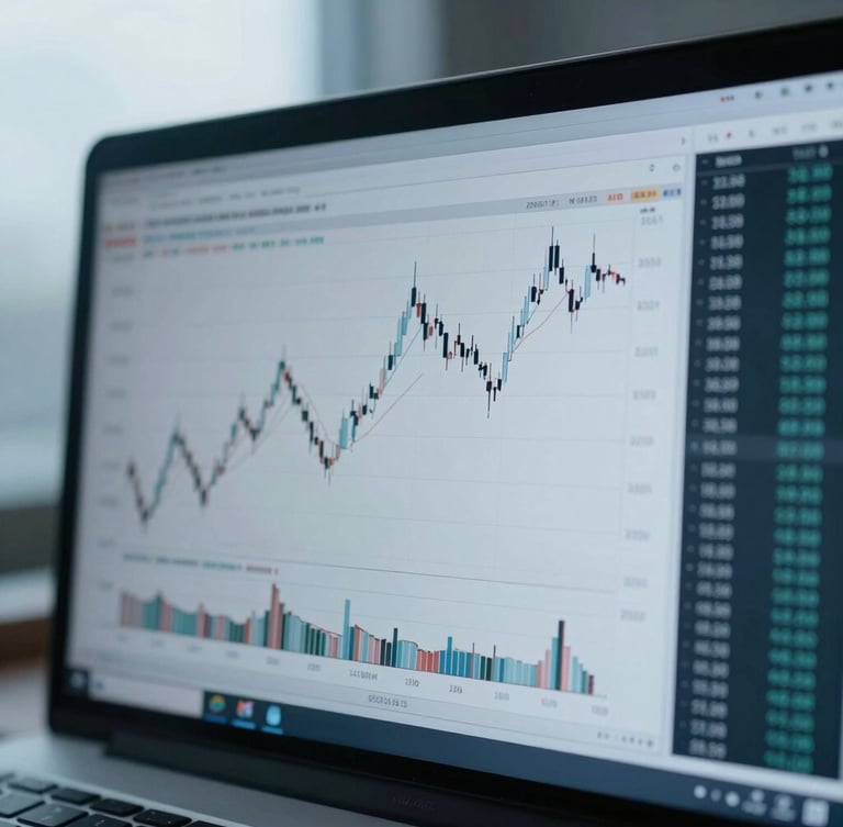 Macro shot of a high-resolution financial chart on a clean monitor displaying currency pairs, cool overcast daylight, desaturated blue tones, shallow depth of field, 35mm