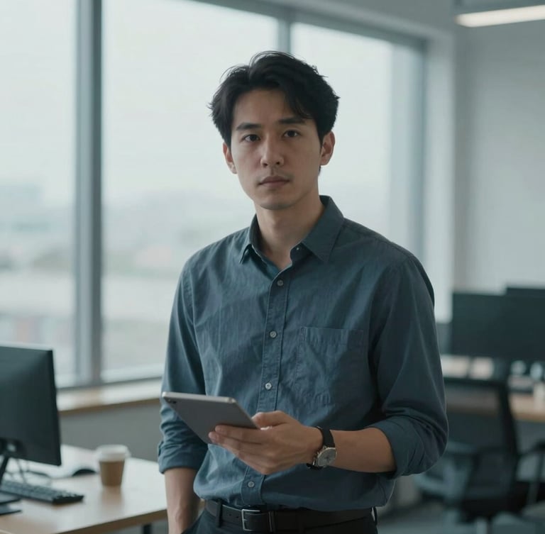 Cool editorial portrait of a male market analyst in a minimalist office, soft overcast daylight through a window, desaturated blues and slate tones, shallow depth of field, 35mm