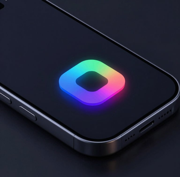 Sleek 3d render of a mobile interface, dark mode, vibrant neon accents, clean geometric composition, sharp focus, macro shot of screen interface with digital glow