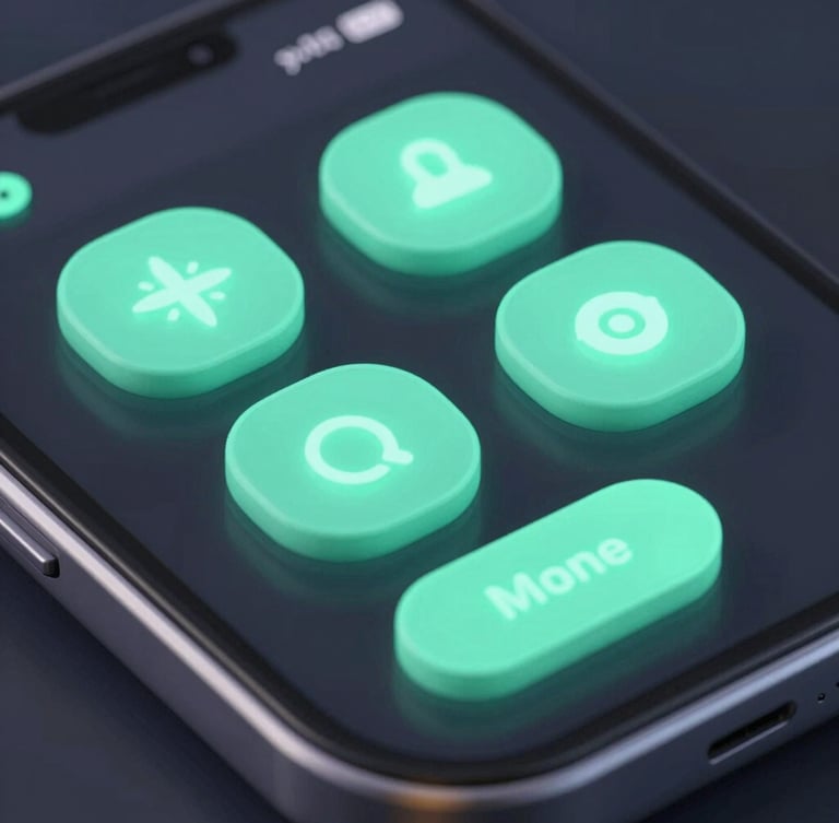 Macro shot of a dark-mode mobile game interface, glowing neon-mint controls, sharp focus, 3d render