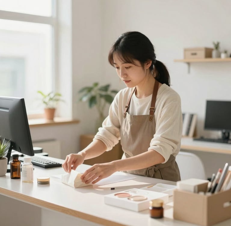 Warm editorial photography of a small business owner organizing products in a bright, modern studio. Soft natural light, clean environment, professional and calm productivity, shallow depth of field.