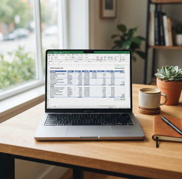Bright modern workspace with soft natural daylight, a laptop showing clear tax spreadsheets on a clean wooden desk, professional and warm atmosphere