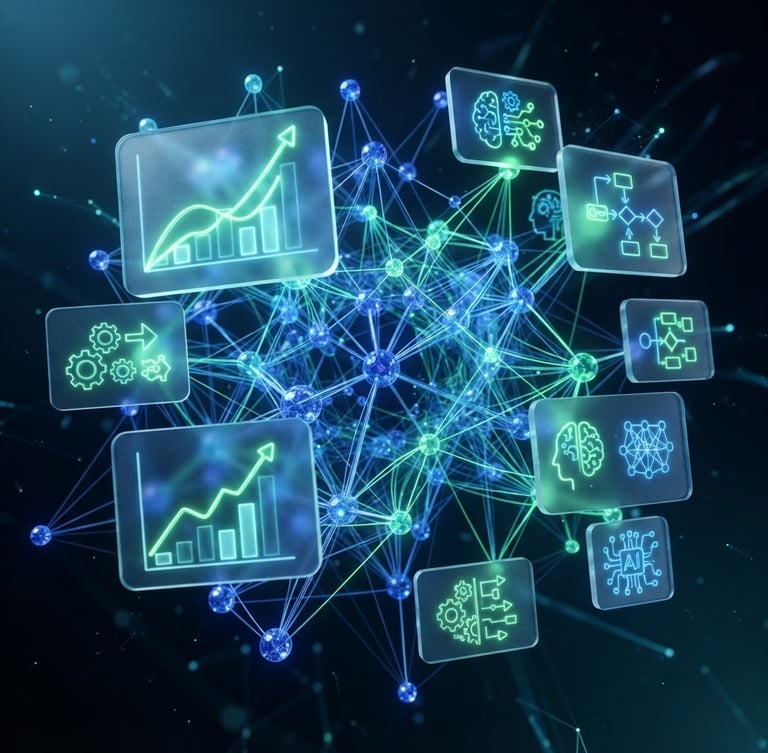 Abstract 3D render of interconnected network nodes and floating dashboard panels with growth graphs, automation icons, and AI symbols, in vibrant royal blue and neon green, with glassmorphism effect and subtle glow.