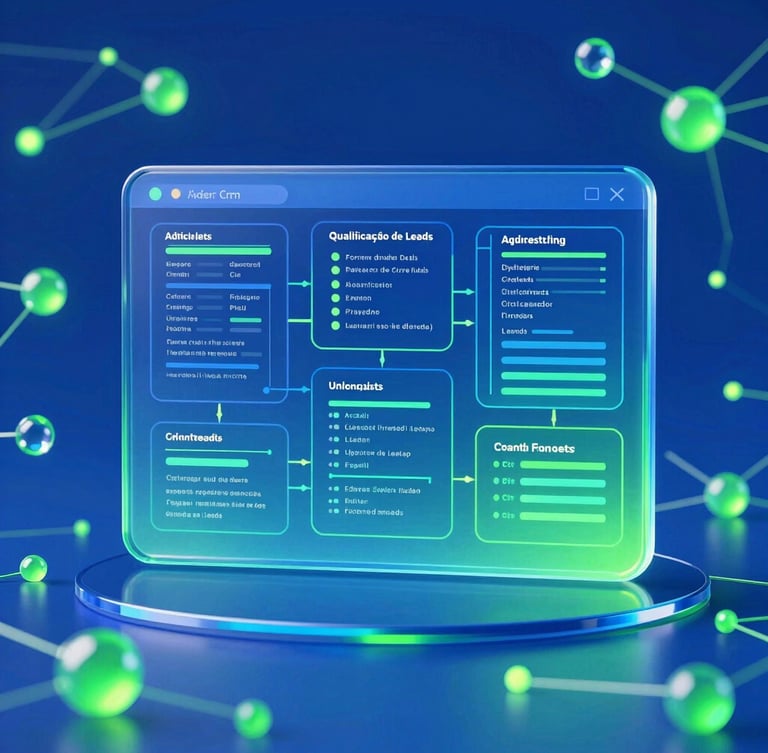 Visualização abstrata de um agente de IA trabalhando em um painel de CRM, com dados fluindo e indicadores de qualificação de leads, em tons de azul e verde translúcido, com efeito glassmorphism.