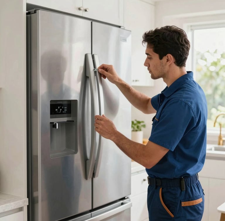 A professional service technician in a clean uniform inspecting the door seals of a modern French door refrigerator in a South Florida home kitchen, bright natural light.