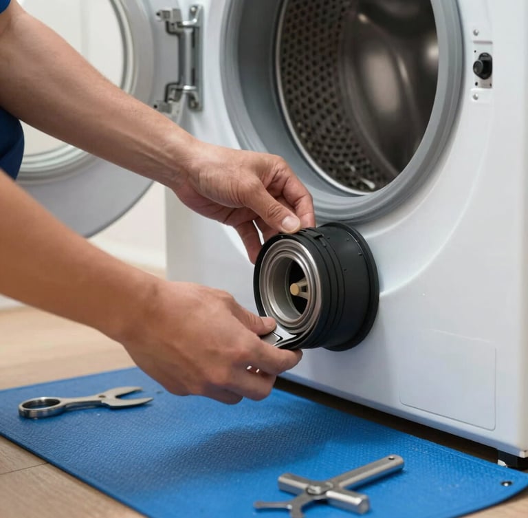 Technician hands replacing a black rubber drum belt on a washing machine motor, close-up, tools on a protective blue mat, natural indoor home light.