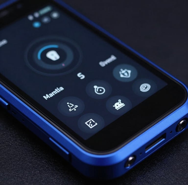 Macro close-up of high-end rugged Android device showing complex telemetry UI, sharp electric blue accents, low-key studio lighting, 35mm