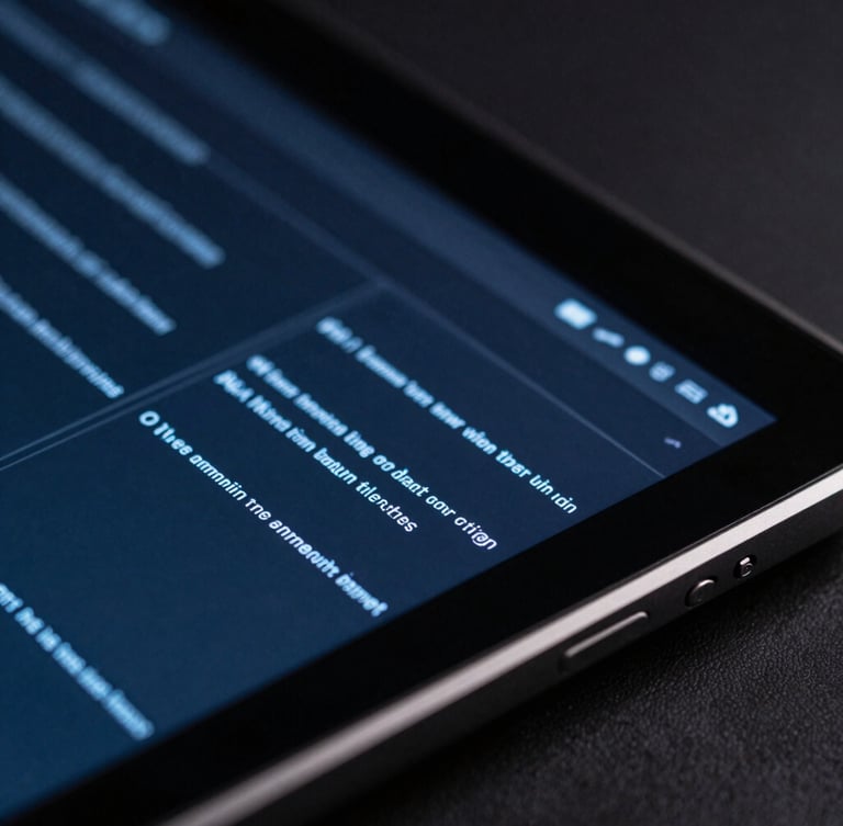 Macro close-up of a rugged Android tablet displaying a complex terminal layout, low-key dramatic studio lighting, sharp electric blue highlights, 35mm