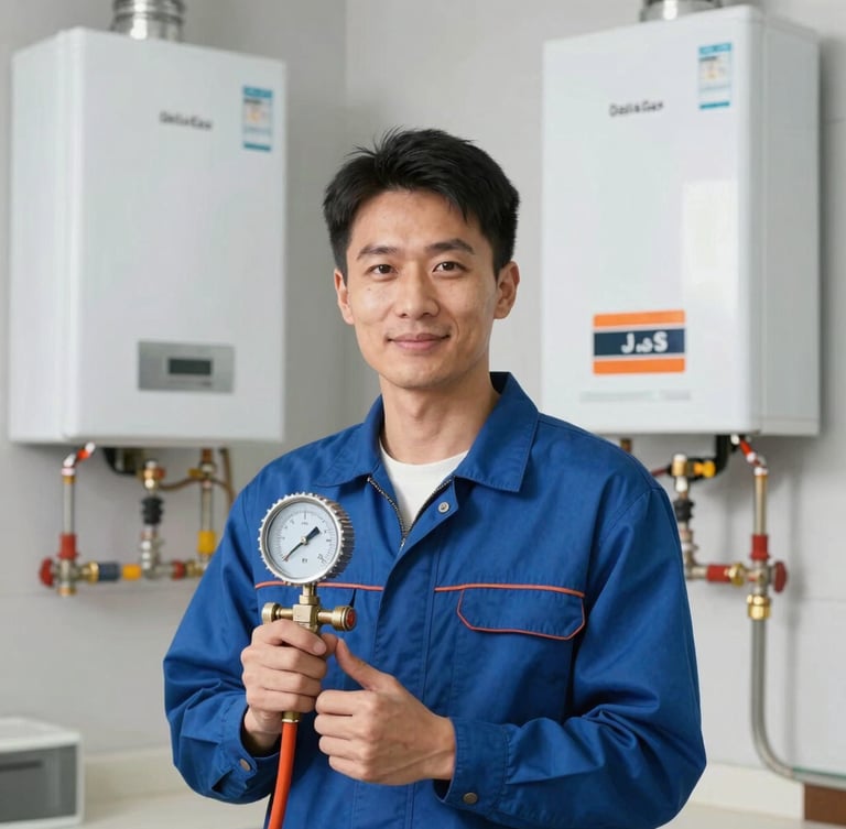 Portrait of a DeltaGas J&S technician (male, 30s) in a clean uniform, holding a pressure gauge, looking friendly and professional. He is standing next to a modern water heater in a well-lit utility room. Natural indoor lighting, clean blue and orange tones, sharp focus, 35mm lens, authentic editorial photography.