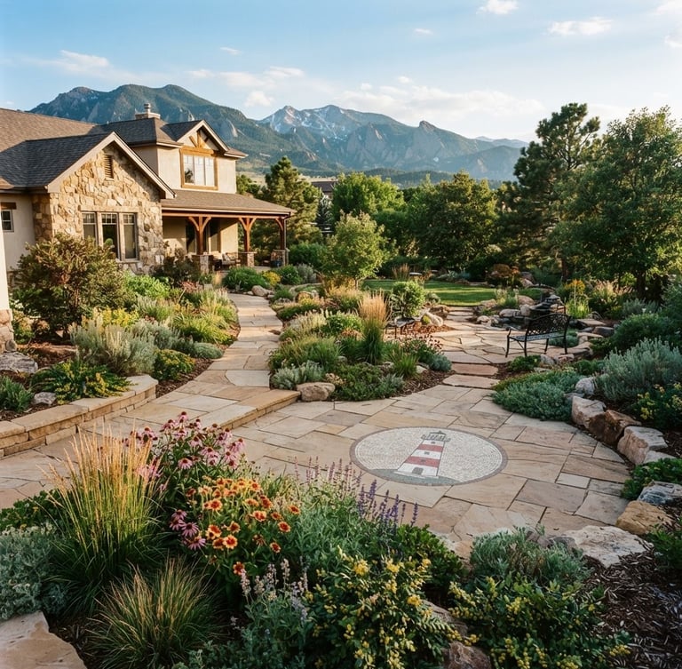 Wide shot of a well-maintained Colorado Front Range yard with native plantings and a mountain backdrop under natural sunlight, a subtle lighthouse icon integrated into the clean hardscape.