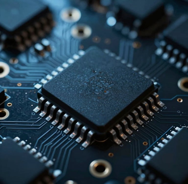 Macro shot of a legacy industrial microcontroller chip on a dark circuit board, cool blue technical highlights, low-key lighting.