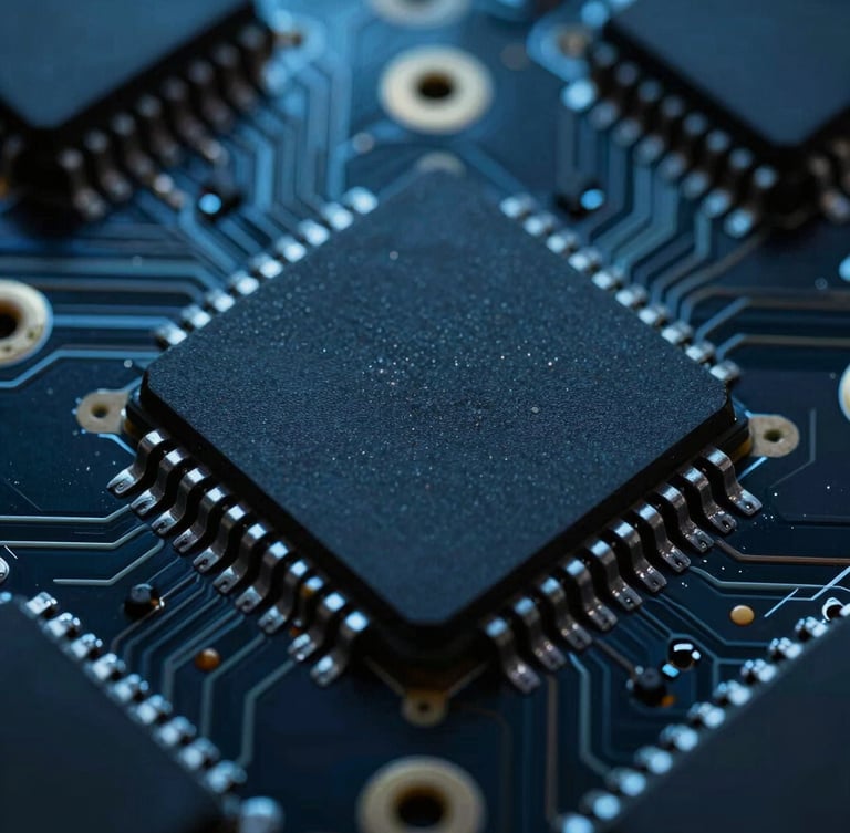 Macro photography of an industrial microcontroller circuit board, cool technical blue highlights, high contrast, deep obsidian background, sharp focus on silicon chip