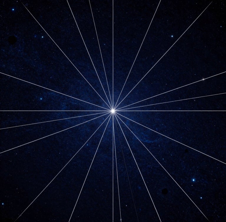 Dramatic high-contrast astronomical chart overlaying a dark blue starfield, sharp white lines, minimalist cosmic aesthetic