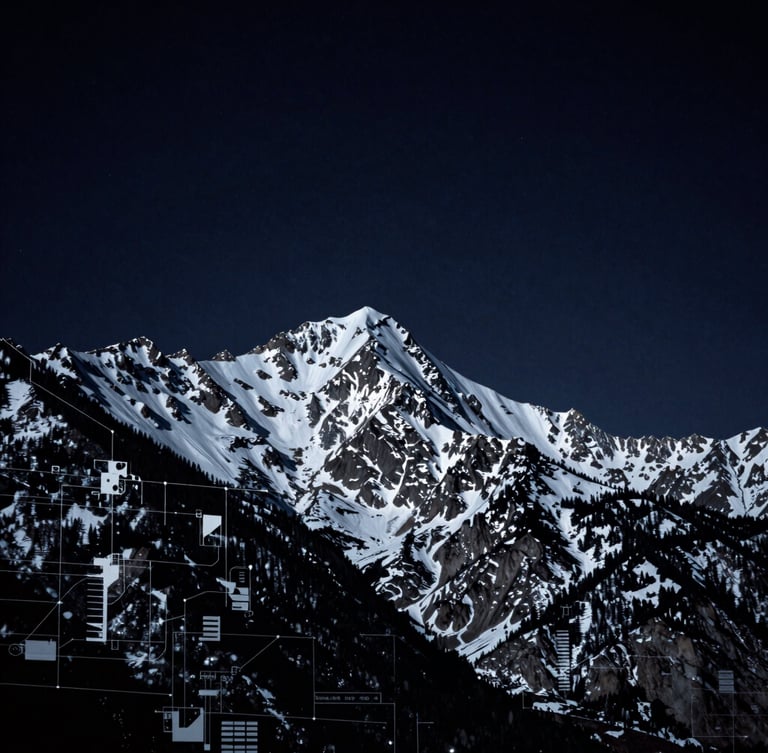 Dramatic snow-capped mountain peaks of Park City Utah under a dark starry night sky, low-key silver highlights, high-contrast astronomical data lines faintly overlaid, 35mm photography