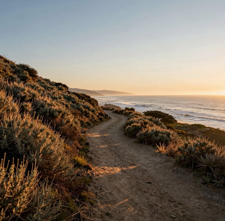 A quiet California coastal trail at sunrise, soft golden light illuminating sagebrush and distant ocean, peaceful and vast.