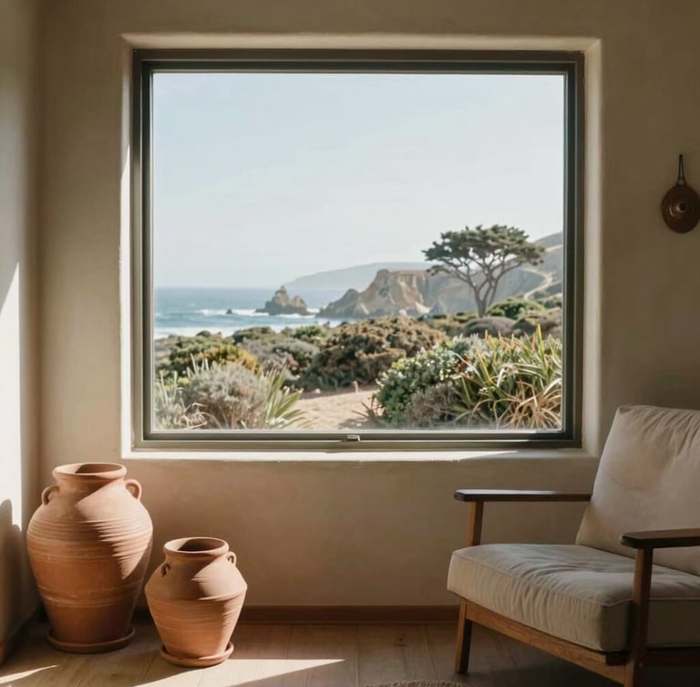 Soft natural daylight illuminating a warm, welcoming room with terracotta pots, a comfortable chair, and a view of California coastal scrub outside the window.