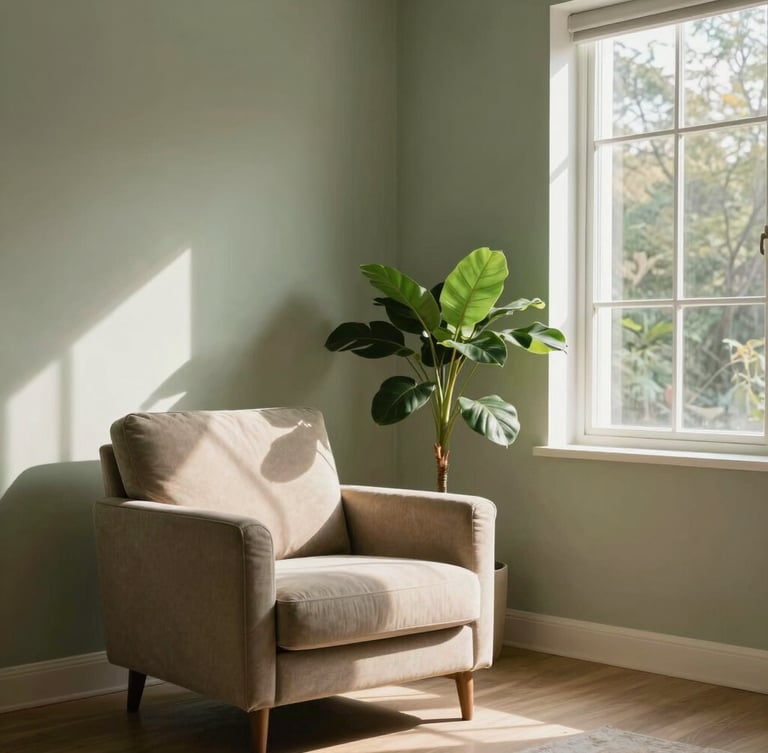 A warm, inviting interior room with soft sage walls, a comfortable armchair, and sunlight streaming through a large window onto a green plant.