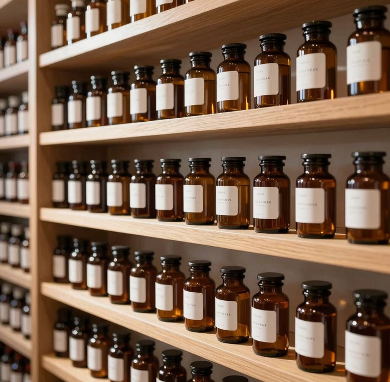 Portrait shot of clean wooden shelves inside a bright boutique dispensary, warm natural light illuminating neatly arranged amber glass apothecary jars with clean minimalist labels, sophisticated and safe atmosphere.