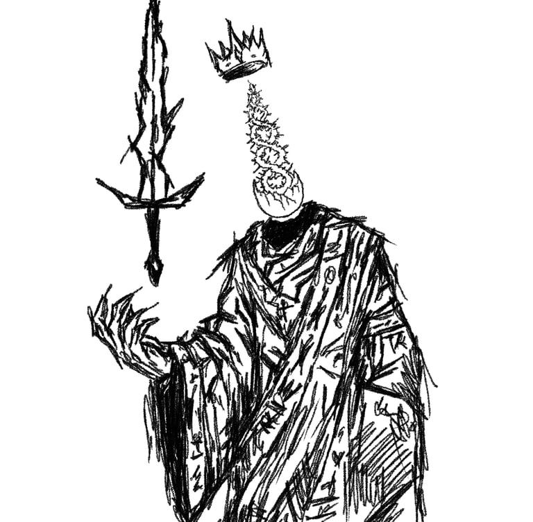 A dark fantasy sketch of a headless king with a floating crown and a jagged sword.