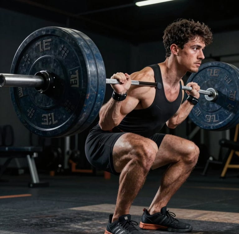 High-contrast side profile of an athlete mid-hinge during a deadlift, velocity-based training sensor attached to the barbell, cool-toned clinical lighting, dark background