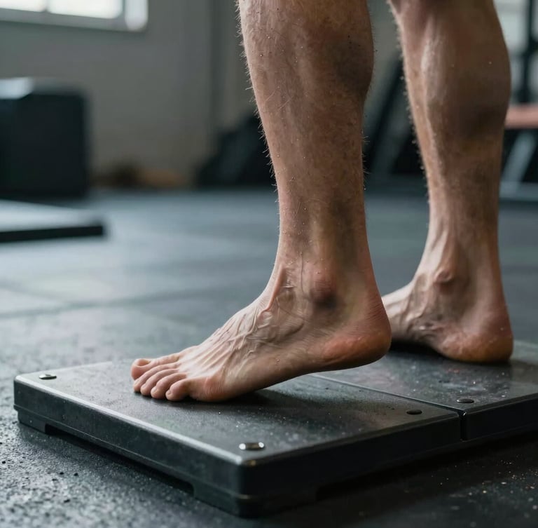 Dynamic close-up angle of an athlete's feet making contact with force plates during a jump. Cool-toned, high-contrast lighting, focus on ankle alignment and physical tension, gym environment with concrete floor.