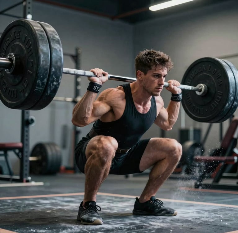 High-contrast dynamic angle of an athlete performing a heavy deadlift, chalk dust flying, cool-toned lighting, focus on biomechanical tension.