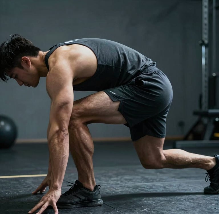 A side view of an athlete executing a clean hip hinge, dynamic angle focusing on joint angles, cool-toned lighting, sharp focus