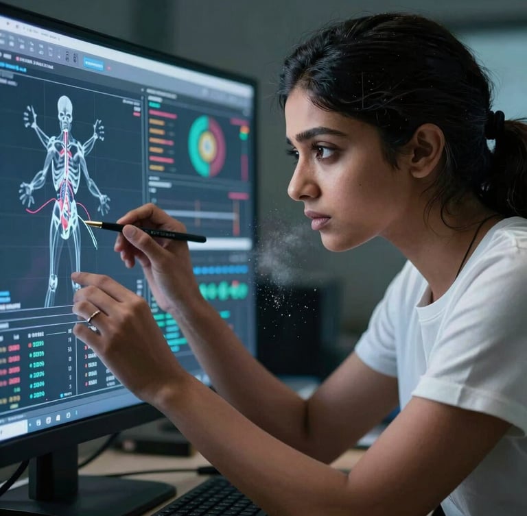 High-contrast, cool-toned portrait of Apoorva analyzing biomechanical data on a screen, sharp angles, chalk dust in the air, clinical but intense athletic focus.