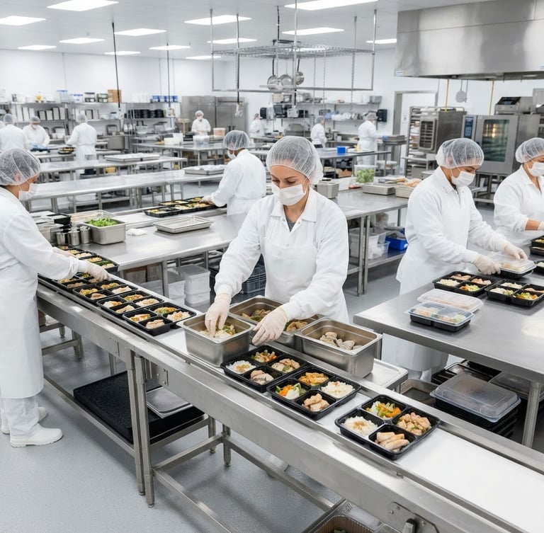 Bright commercial photography of a spotless industrial kitchen, stainless steel prep tables, professional staff in white hygiene gear packing uniform meal trays under crisp high-key lighting.