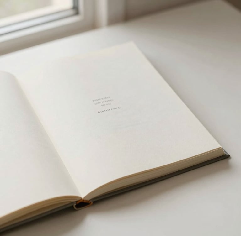 Overhead flatlay of an open minimalist book on a warm off-white paper surface, soft natural window light, clean typography visible on the page