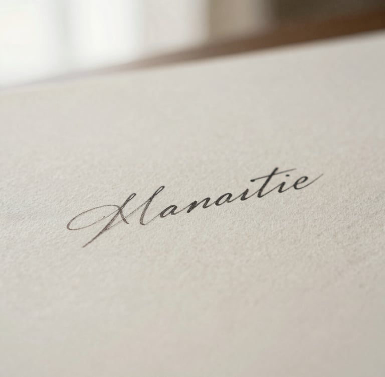 Macro shot of textured handmade paper with elegant charcoal ink printing, soft side lighting, minimalist and tactile